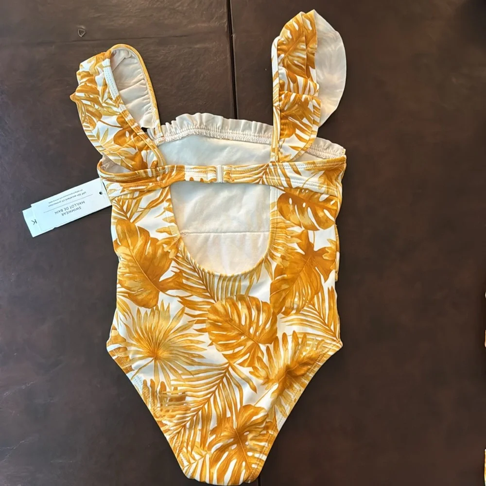 Janie and Jack Yellow and White Tropical Leaf One-Piece Swimsuit